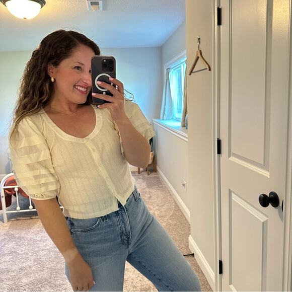 Sea New York Cream Pointelle Puff Sleeve Blouse Top Small - Picture 2 of 9